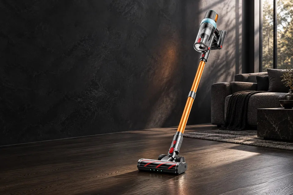 P20 cordless vacuum in a dramatic contemporary living room
